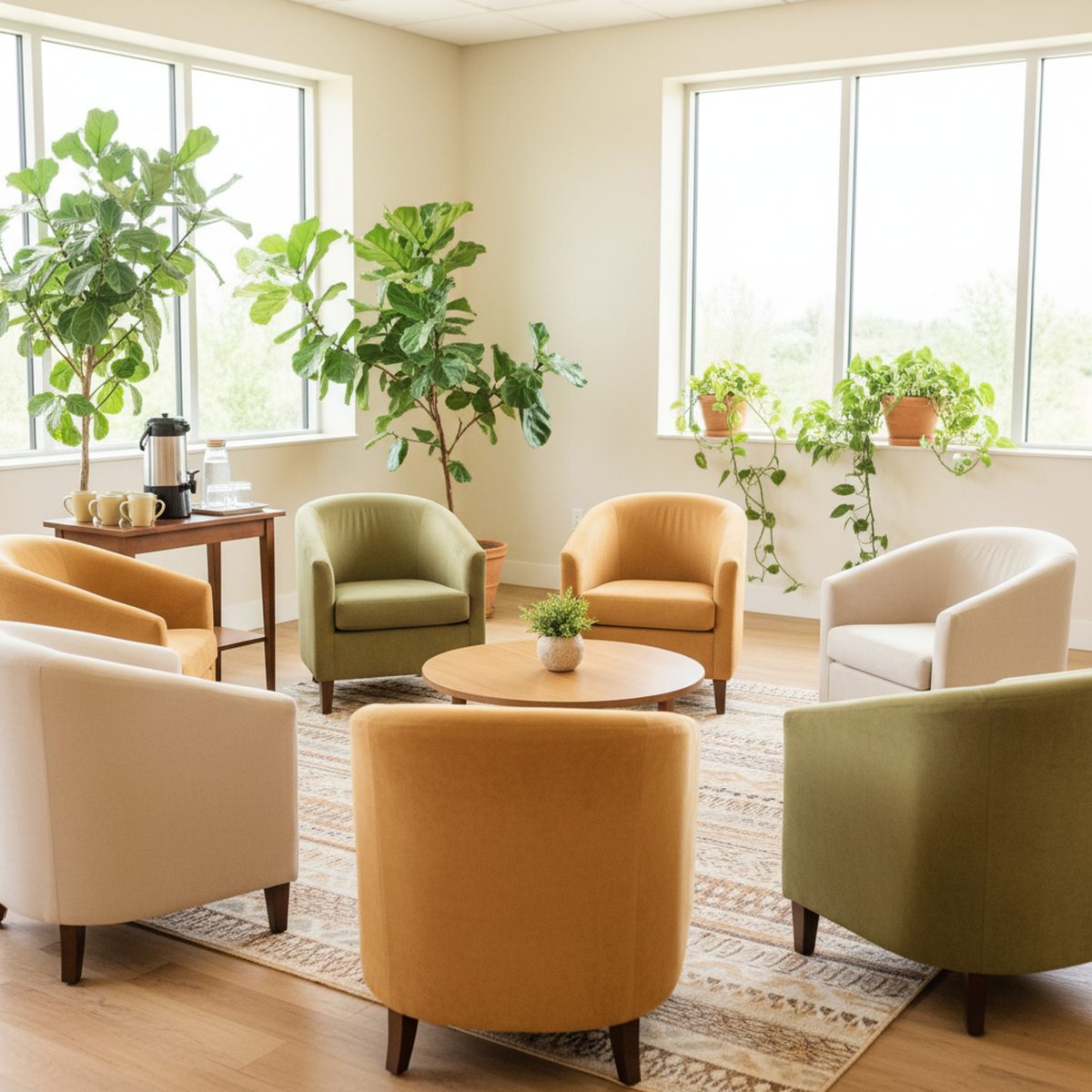 a warm, welcoming community gathering space with soft furnishings and natural light, no people shown
