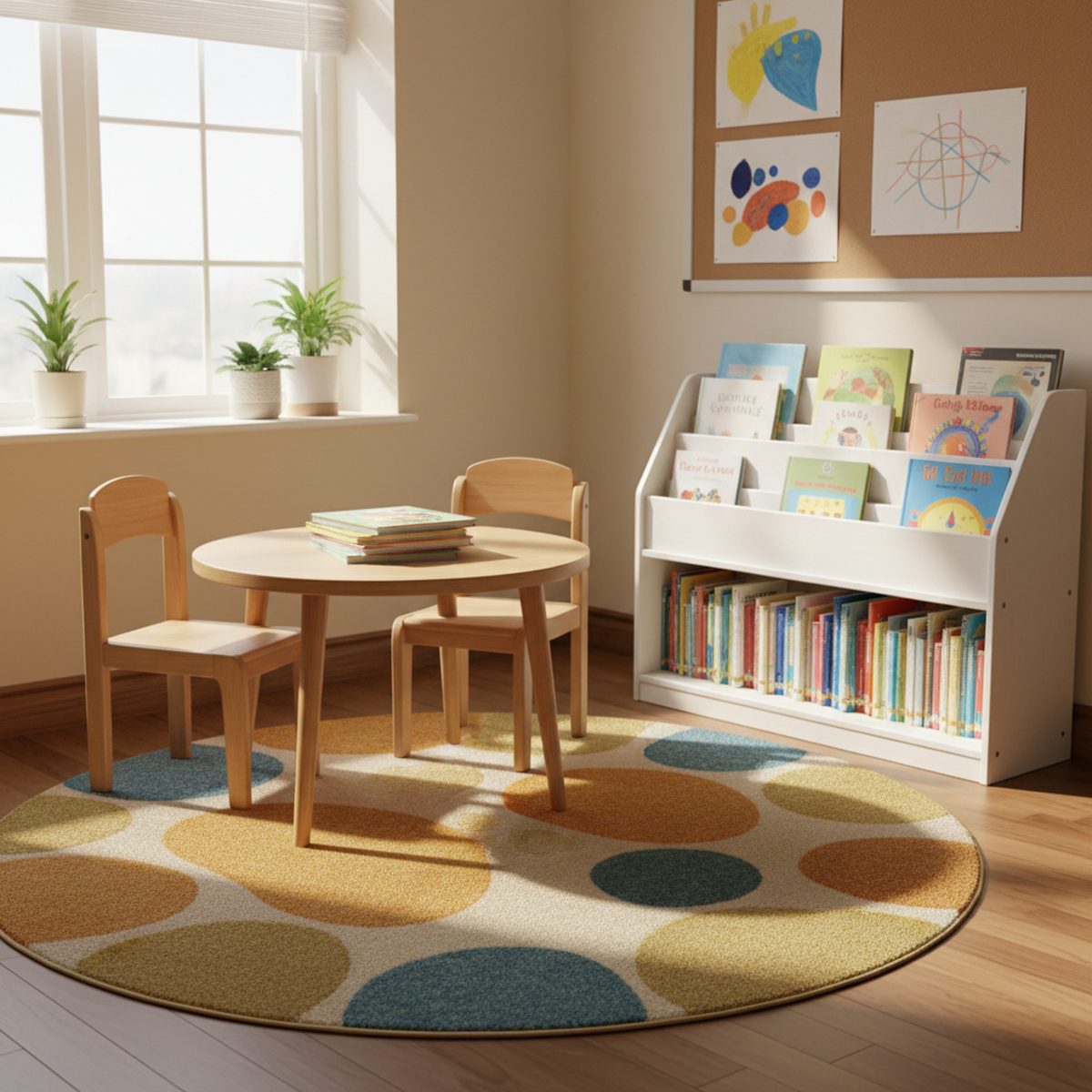 a bright, welcoming classroom space, no people