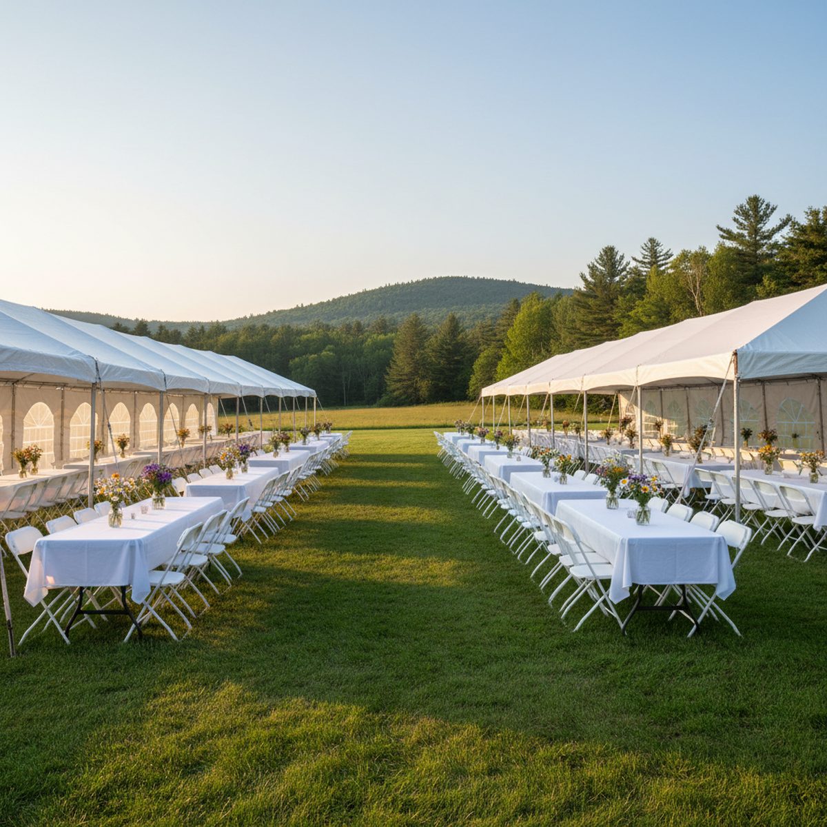 an outdoor event setup with tables and tents arranged for a community gathering, no people shown