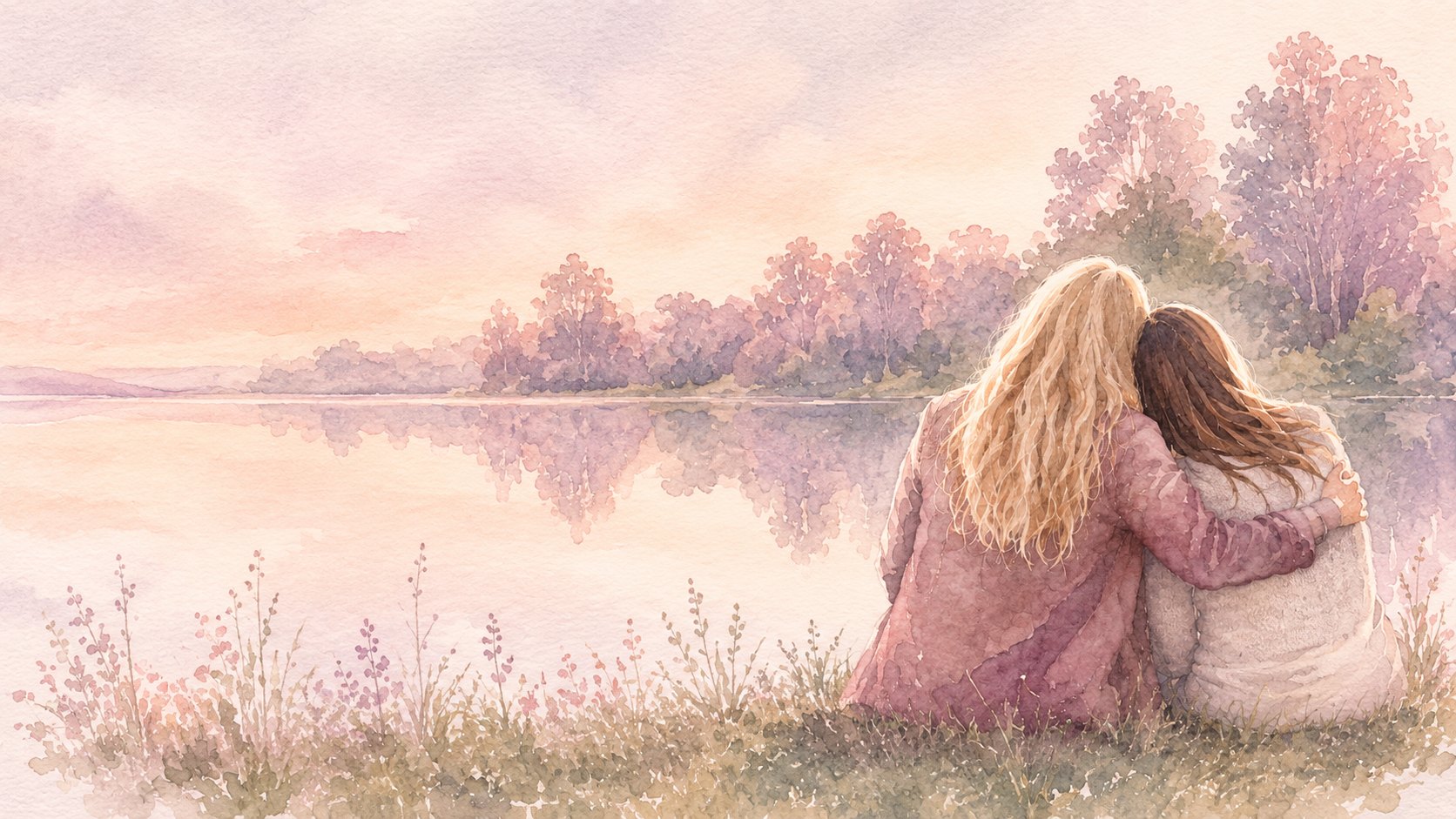 A soft watercolour illustration of two women sitting together by a calm lake at sunset, one with an arm around the other in a gesture of comfort and support. Seen from behind, no faces shown.
