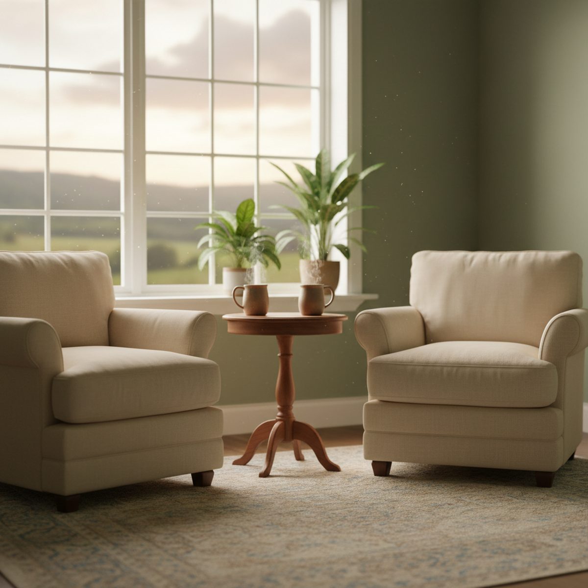 a warm, calm community room with soft light, no people