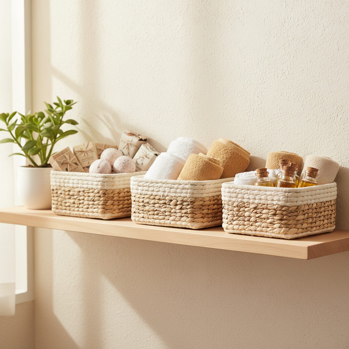a tidy basket of wrapped personal-care products on a shelf in warm light, no people